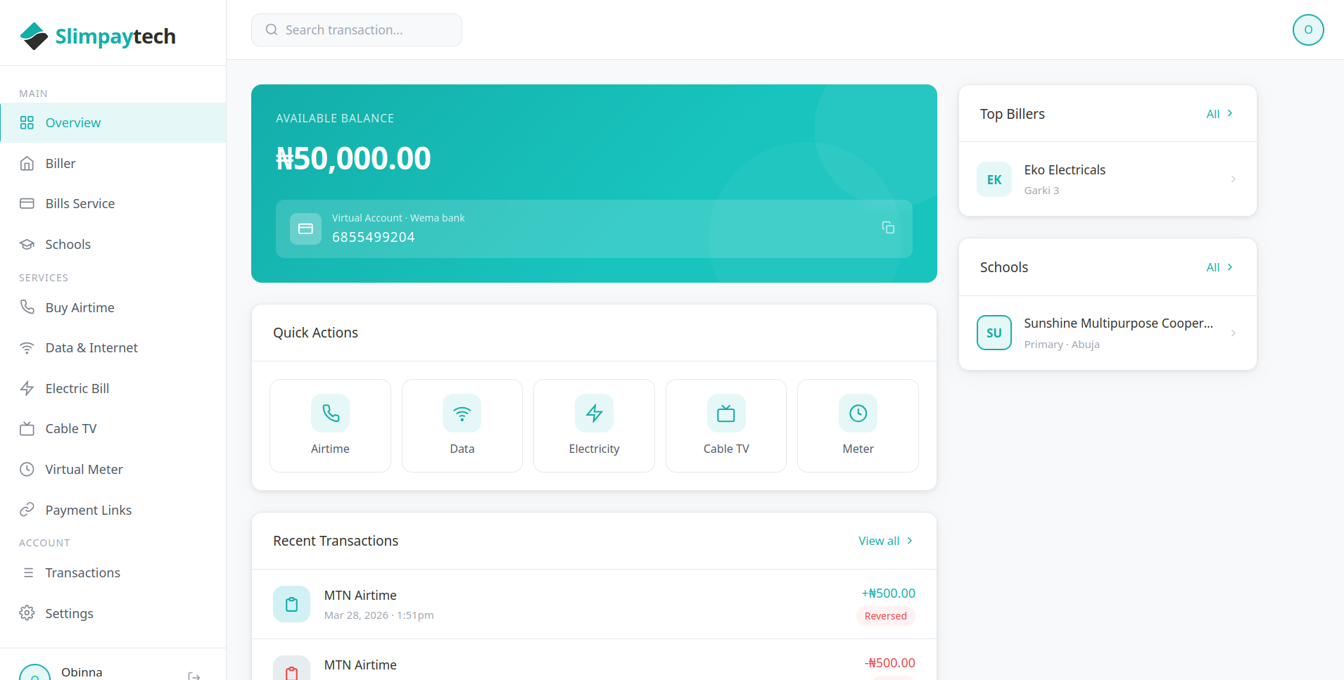 Slimpay wallet dashboard showing balance, quick actions, and recent transactions